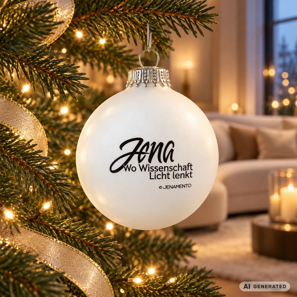 Weiße Weihnachtskugel aus Glas im Jena.Lichtschrift-Design an einem festlich beleuchteten Weihnachtsbaum