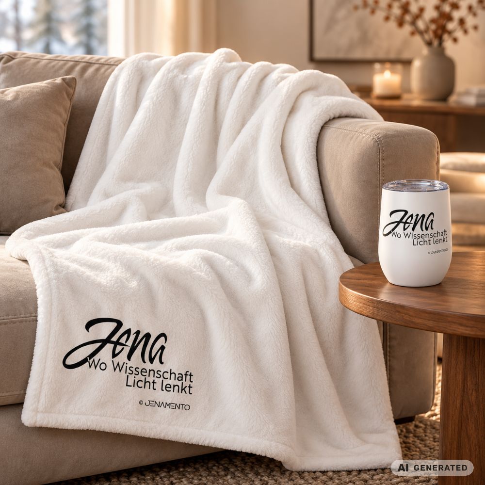Winter Geschenkset mit Jena.Lichtschrift Kuscheldecke und Thermo-Weinbecher