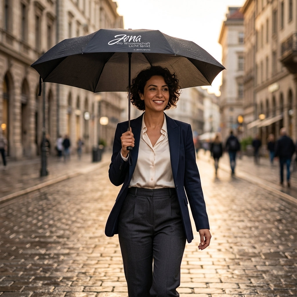 Frau mit Regenschirm der Kollektion Jena.Lichtschrift in einer Innenstadtstraße – modernes Jena Souvenir für Alltag und Stadtleben
