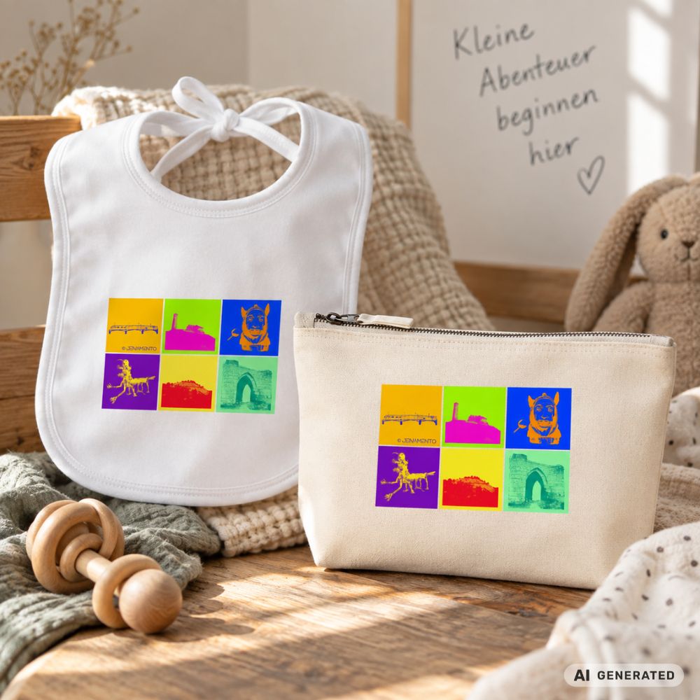 Babygeschenk-Set aus Jena mit Lätzchen und Canvas-Tasche im Pop-Art Design