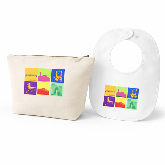 Babygeschenk-Set aus Jena mit Lätzchen und Canvas-Tasche im Pop-Art Design