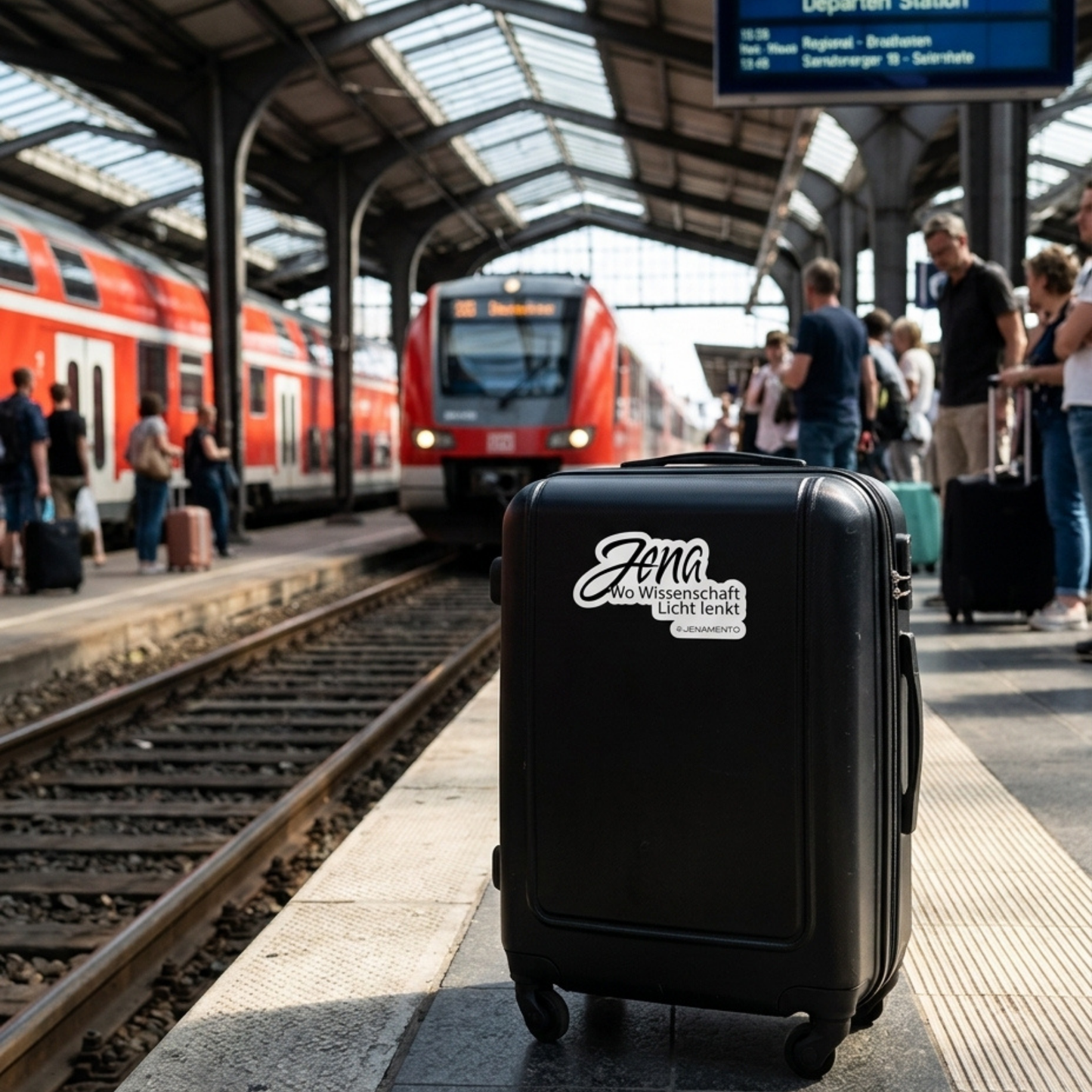 Schwarzer Reisekoffer mit Jena Sticker „Wo Wissenschaft Licht lenkt“ am Bahnsteig