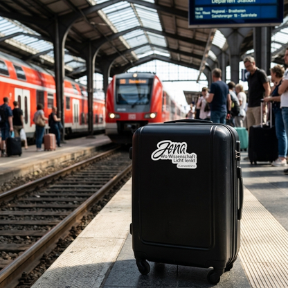Schwarzer Reisekoffer mit Jena Sticker „Wo Wissenschaft Licht lenkt“ am Bahnsteig