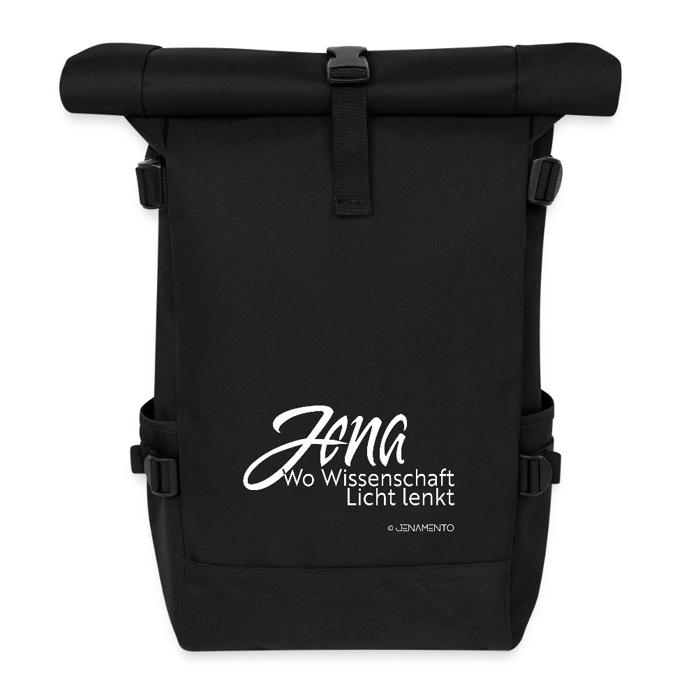 Schwarzer Rolltop-Rucksack im Jena Lichtschrift Design