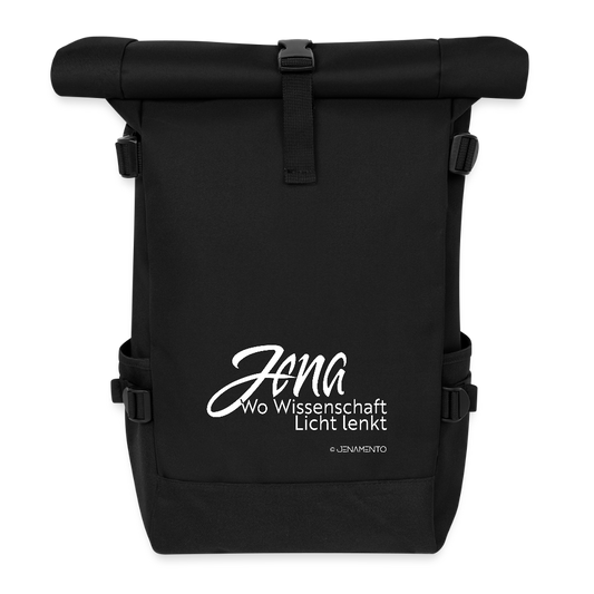 Schwarzer Rolltop-Rucksack im Jena Lichtschrift Design