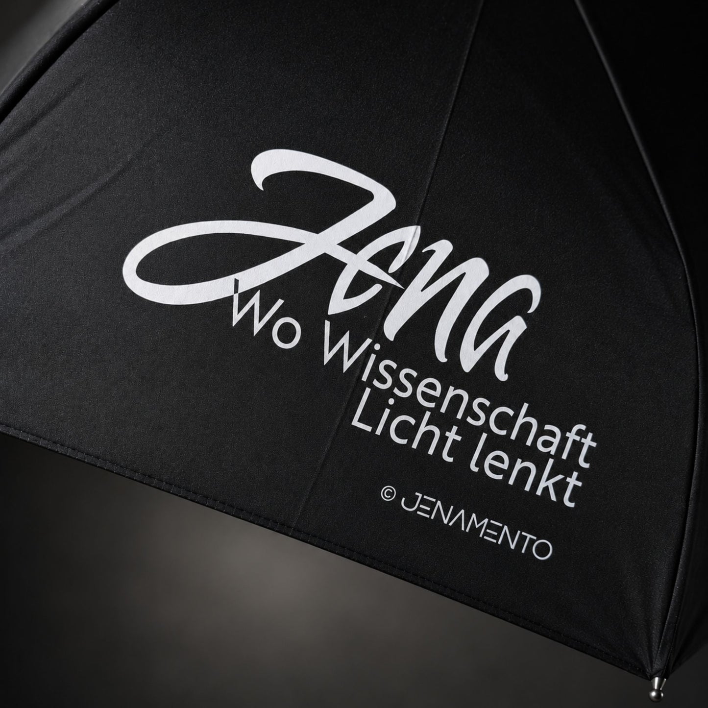 Nahaufnahme des Jena.Lichtschrift Regenschirms. Hochwertiger Druck, feine Stoffstruktur und sorgfältige Verarbeitung des schwarzen Taschenschirms.