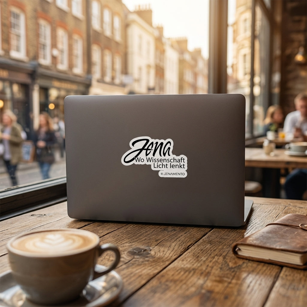 Laptop im Café mit Jena Sticker „Wo Wissenschaft Licht lenkt“