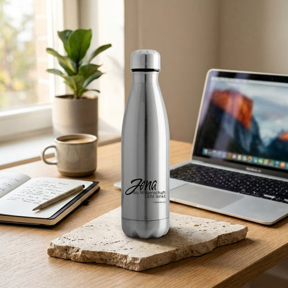 Isolierflasche Jena.Lichtschrift auf Schreibtisch im Homeoffice – modernes Souvenir Jena aus Edelstahl
