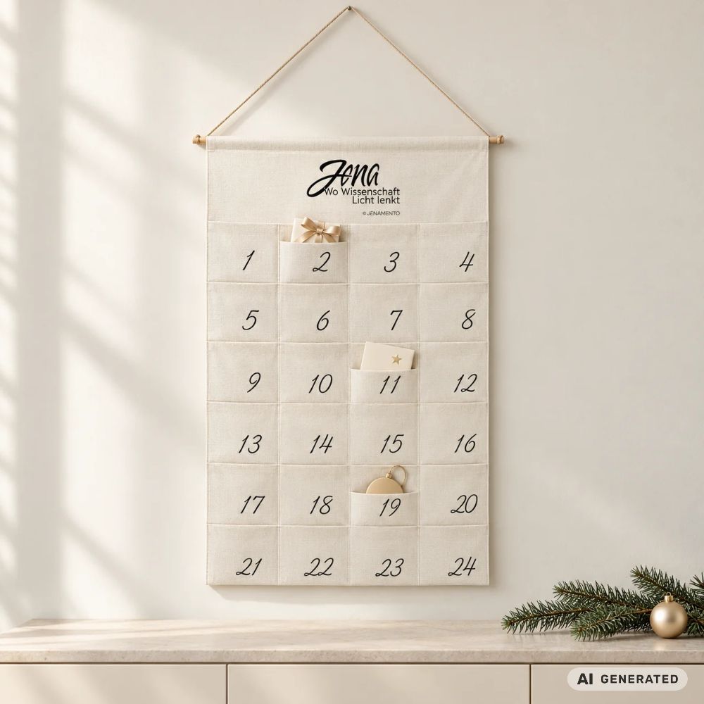 Jena Adventskalender im Jena.Lichtschrift-Design mit teilweise gefüllten Taschen und dezenter Weihnachtsdekoration