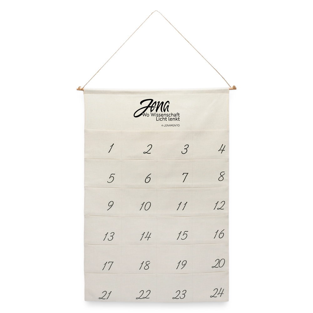 Jena Adventskalender im Jena.Lichtschrift-Design mit 24 nummerierten Taschen freigestellt auf transparentem Hintergrund