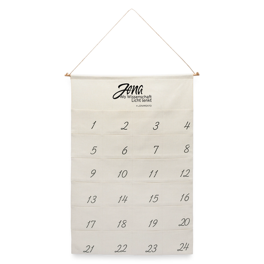 Jena Adventskalender im Jena.Lichtschrift-Design mit 24 nummerierten Taschen freigestellt auf transparentem Hintergrund