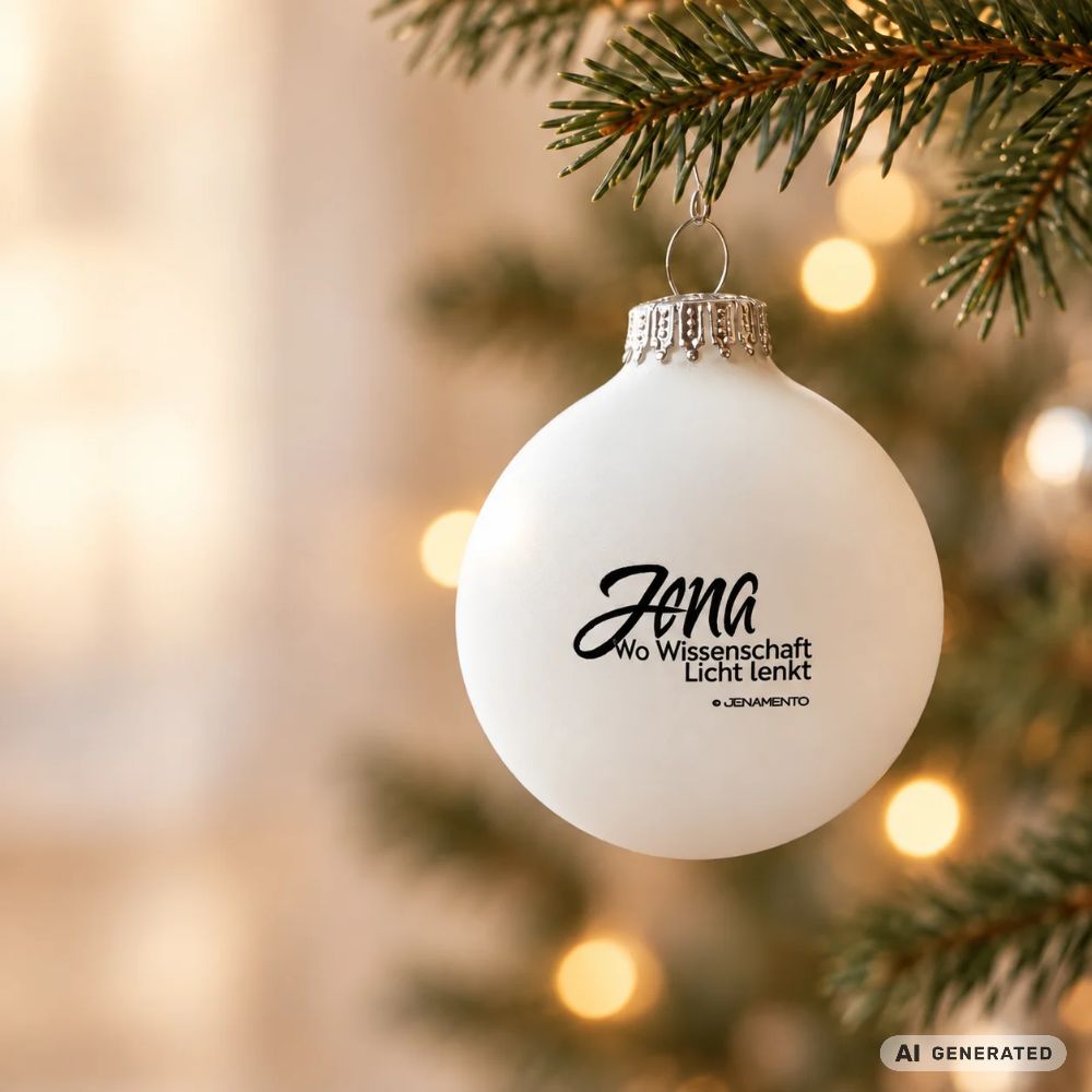 Weiße Jena Weihnachtskugel aus Glas im Jena.Lichtschrift-Design an einem Weihnachtsbaum
