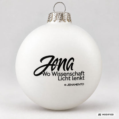Detailaufnahme der weißen Weihnachtskugel aus Glas im Jena.Lichtschrift-Design mit matter Oberfläche und silberner Metallkappe