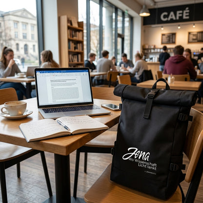 Rolltop Rucksack Jena.Lichtschrift im Café neben Laptop und Notizbuch. Moderner Jena Rucksack für Arbeit, Uni und Alltag