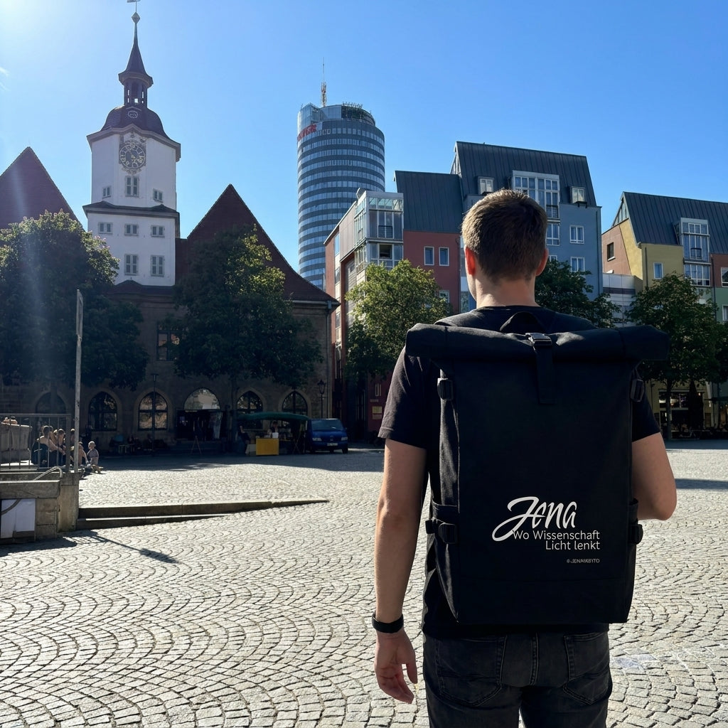 Rolltop Rucksack Jena.Lichtschrift auf dem Jenaer Marktplatz mit Blick auf Stadtkirche und JenTower. Modernes Jena Souvenir für den Alltag.
